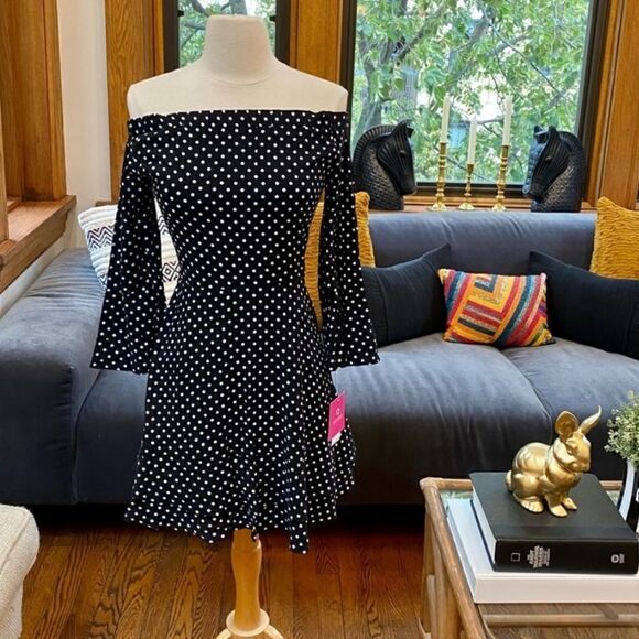 Peak 90s Gal Vintage Deadstock Off Shoulder Polka Dot Mini - Picture 5 of 14